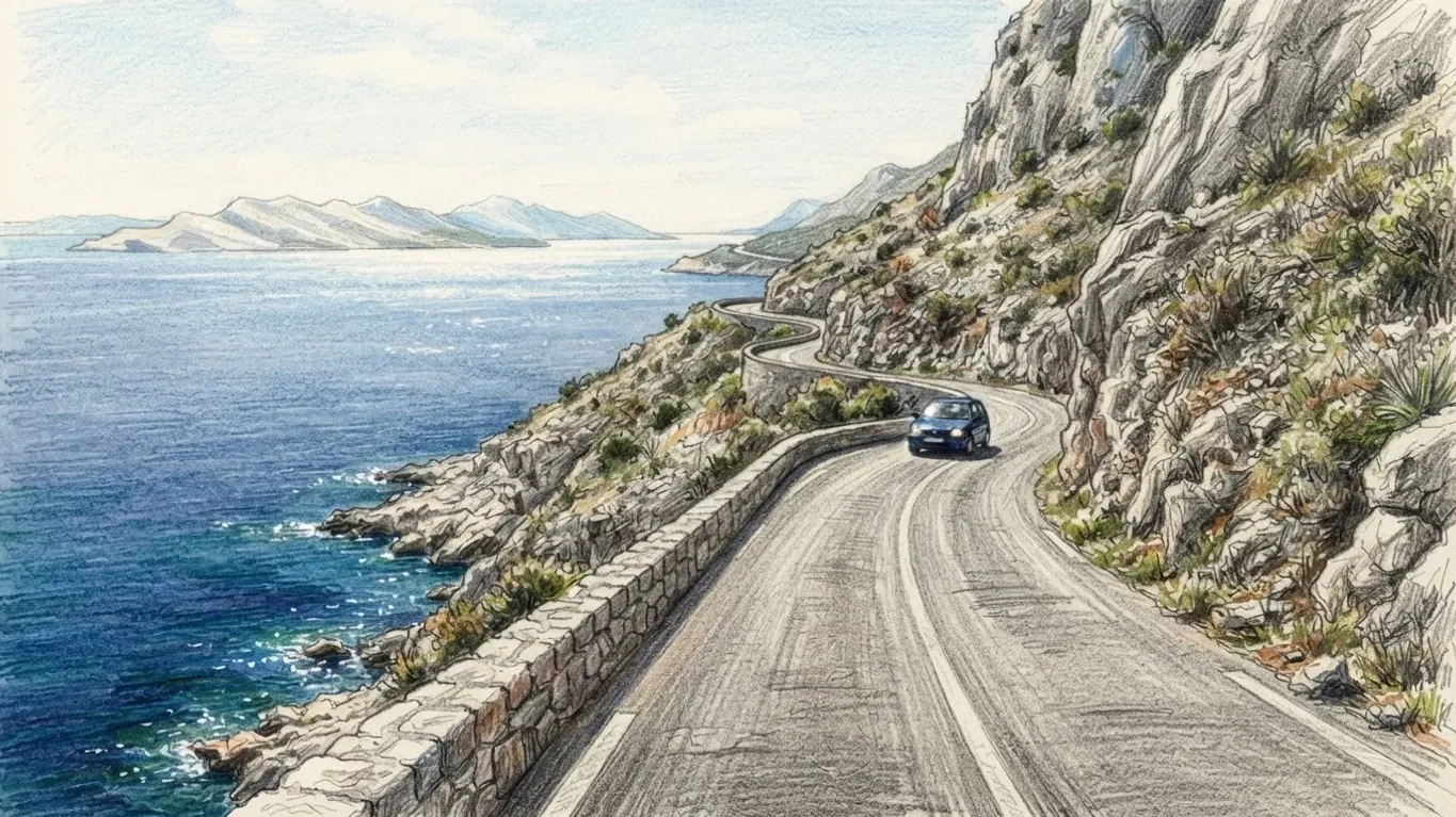 A coast road looked along from above, drawn in coloured pencil over graphite. The narrow road starts at the bottom of the frame and winds away along the cliff, a low stone wall on its seaward edge and bare limestone rising steeply on the inland side. A dark blue car rounds a bend in the middle distance, the deep blue sea breaks white on the rocks below, and long pale islands lie offshore under a bright hazy sky.