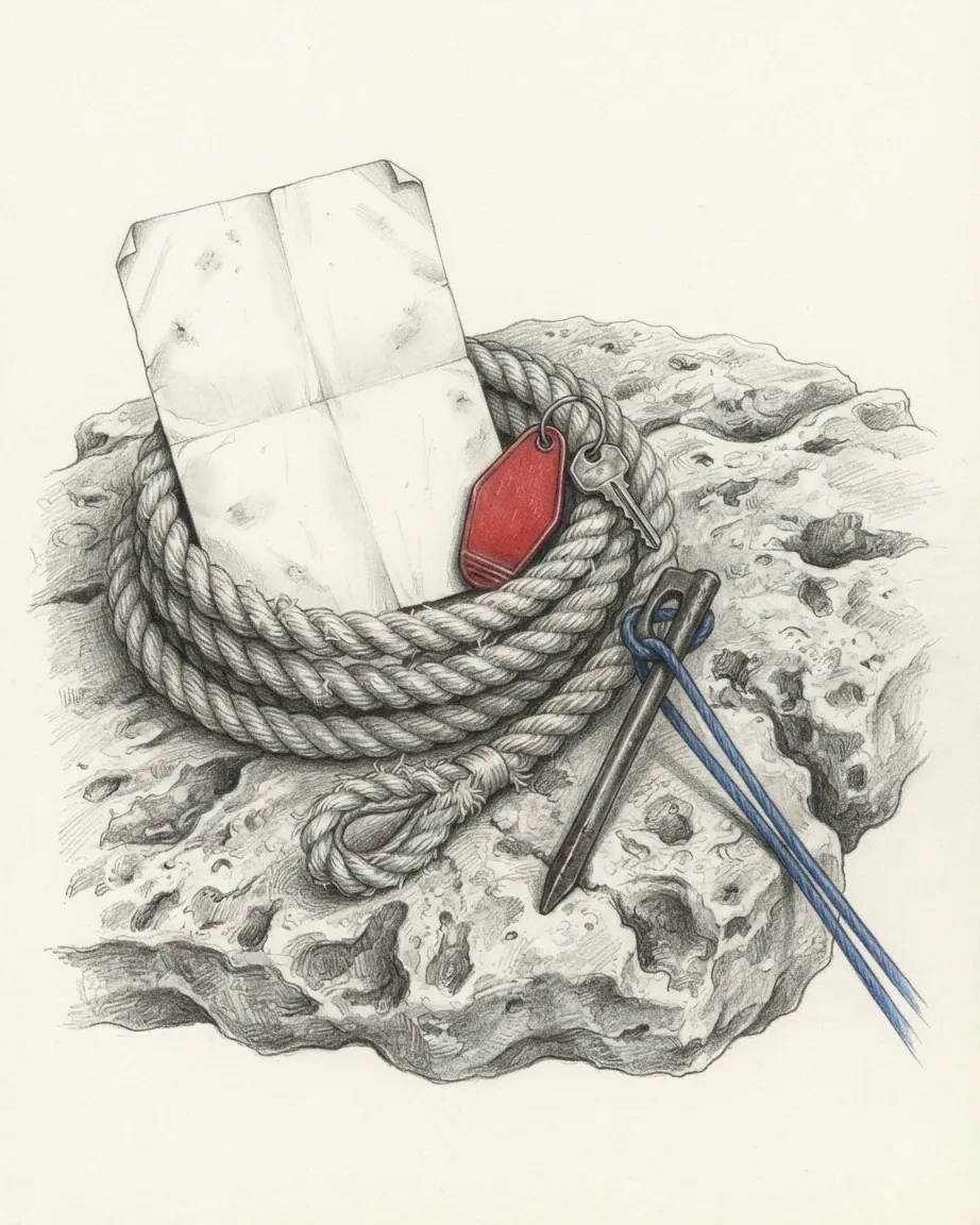 A coil of frayed mooring rope with a spliced eye lying on pitted karst limestone, a blank creased sheet of paper standing inside the coil, a red room key fob with a plain steel key hooked over the rope and a steel tent peg looped with blue cord, drawn in graphite with the fob and cord in colour.