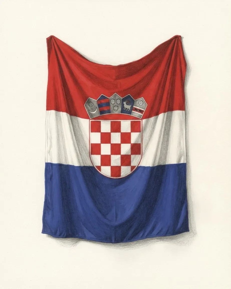 The flag of Croatia drawn as a hanging cloth in coloured pencil over graphite, its red, white and blue bands falling in soft folds, the red and white chequered shield under its crown of five small crests sitting across the middle of the cloth.
