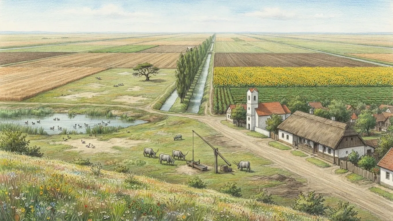 A coloured pencil drawing of the Great Plain: a whitewashed village with a thatched farmhouse and a well sweep, a canal lined with poplars and a sunflower field.