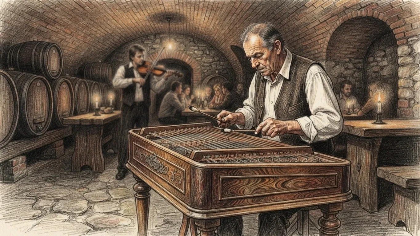 A coloured pencil drawing of a cimbalom player in a vaulted wine cellar lined with barrels, a violinist and candlelit tables behind him.