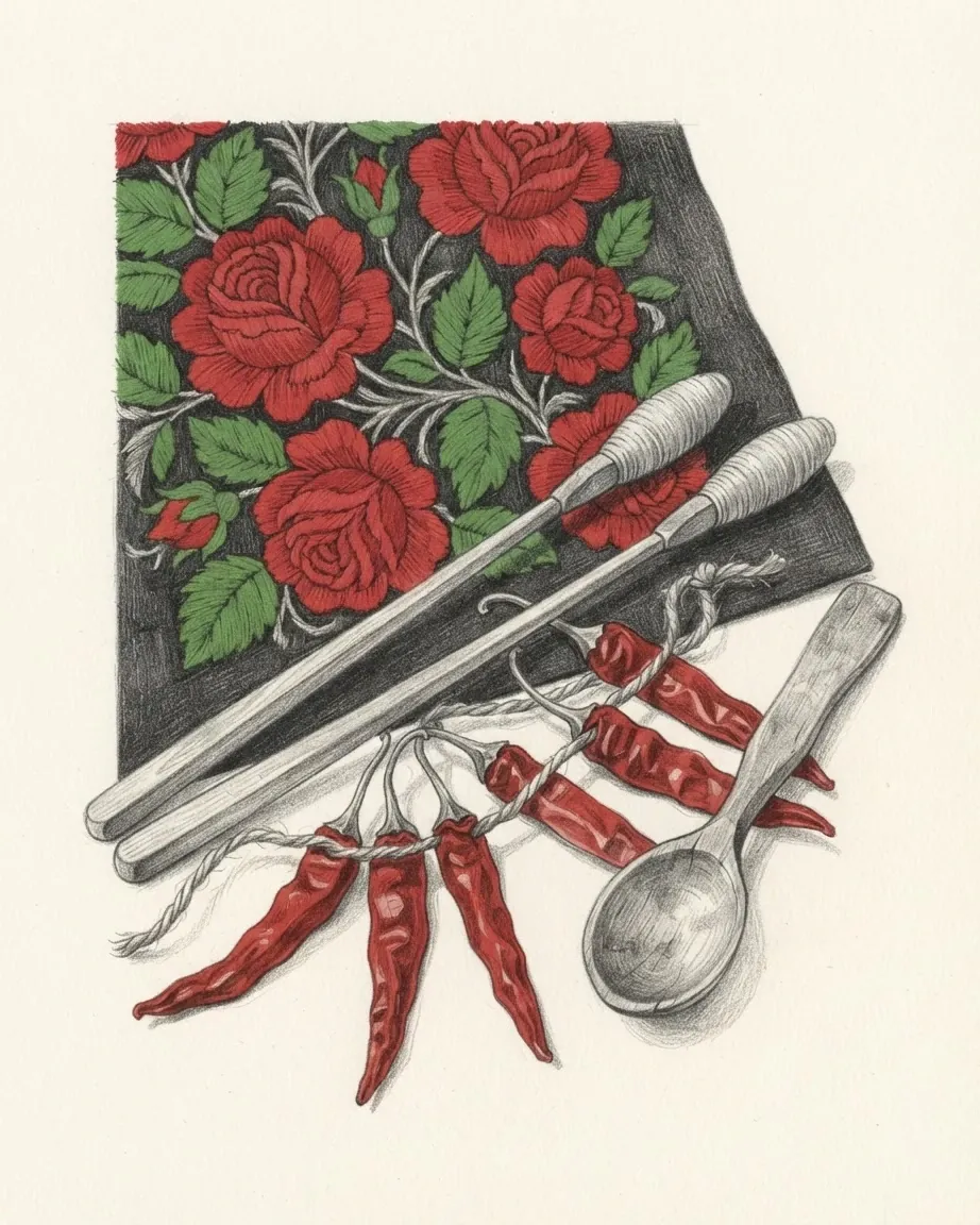 A graphite still life on a black cloth embroidered with red roses and green leaves: a string of red paprika pods, a wooden spoon and two spindles.