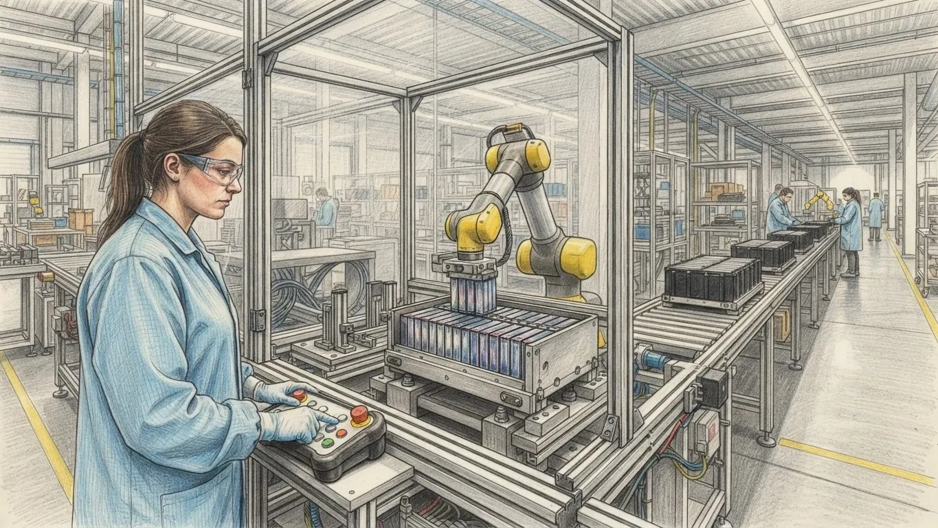 A coloured pencil drawing of a technician at a control panel on a battery assembly line, a yellow robot arm working behind glass.