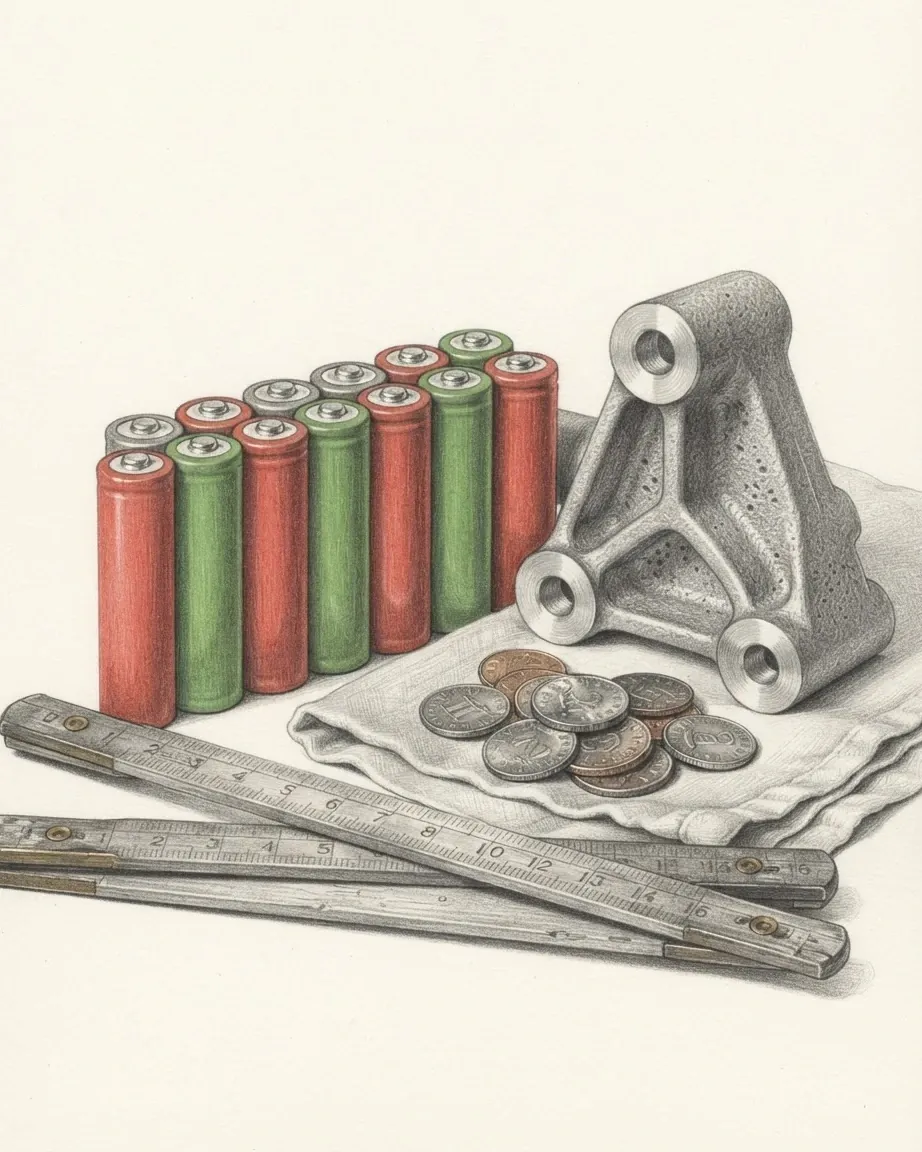 A graphite still life: rows of red and green battery cells, a cast aluminium bracket, coins on a cloth and a folding rule.