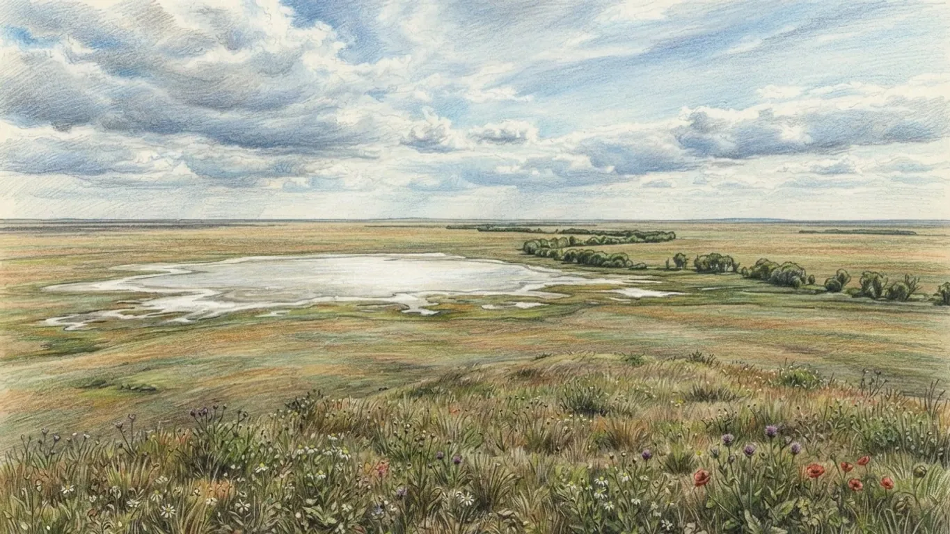 A coloured pencil drawing of open puszta grassland under a wide sky, a shallow lake shining in the middle distance.