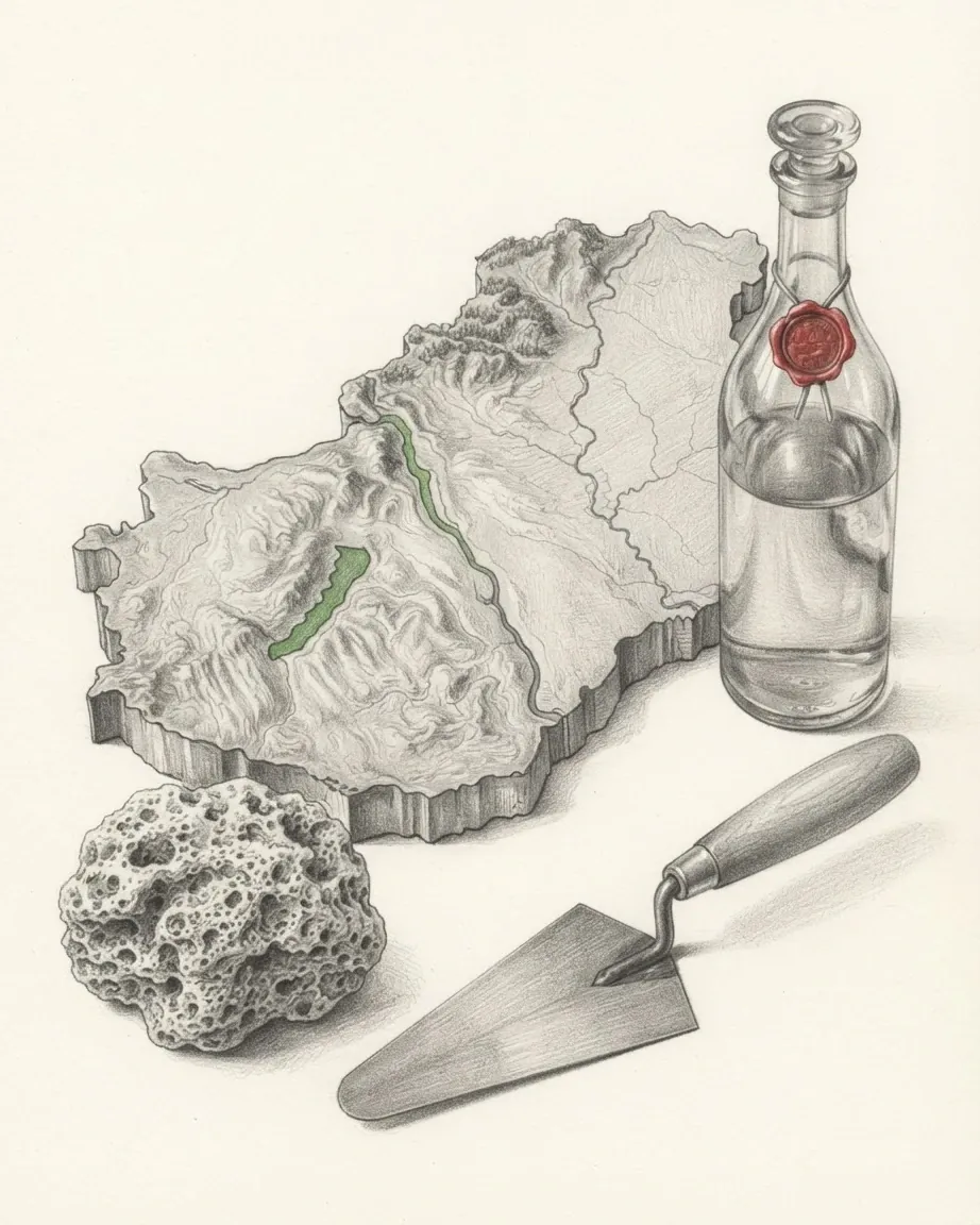 A graphite relief model of Hungary with Lake Balaton in green, a glass bottle sealed with red wax, a trowel and a lump of porous stone.