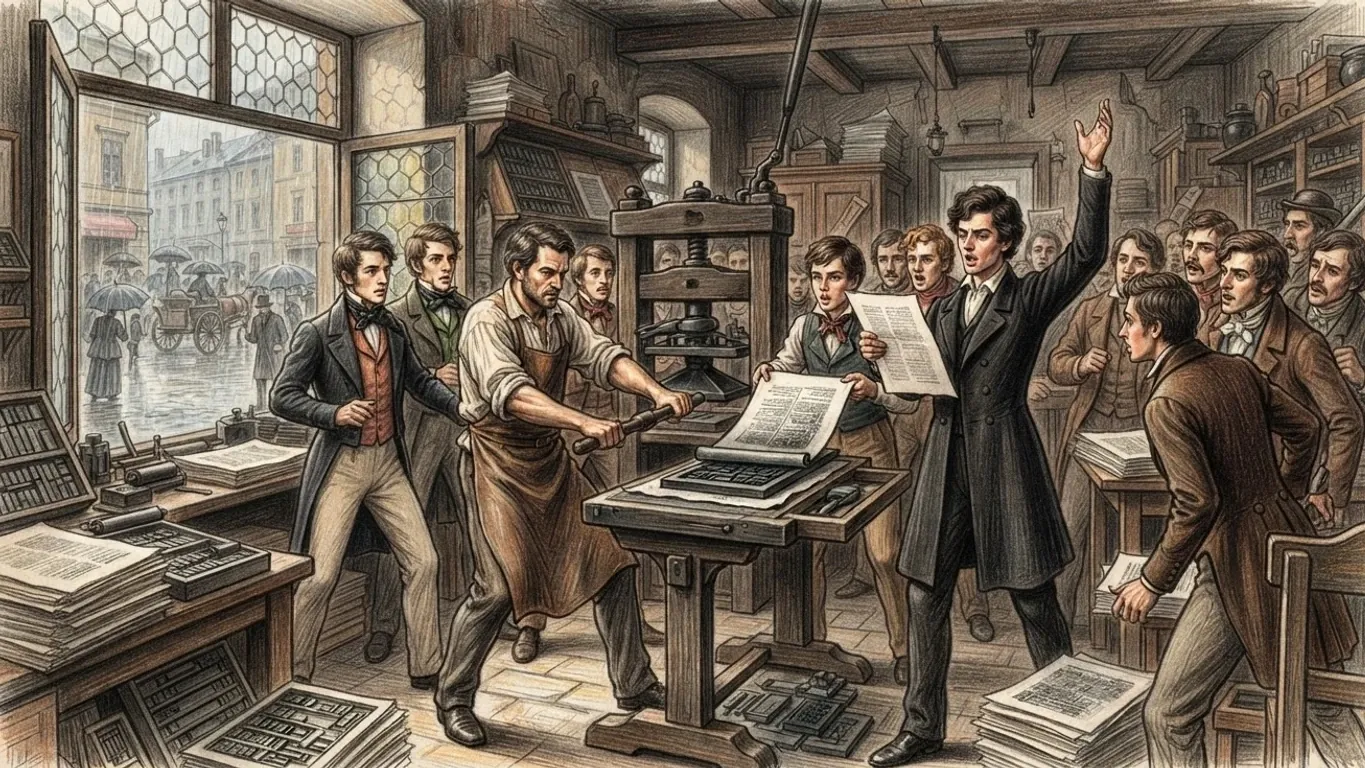 A coloured pencil drawing of a crowded printing shop in the nineteenth century: a printer works the press while a young man reads aloud from a fresh sheet.