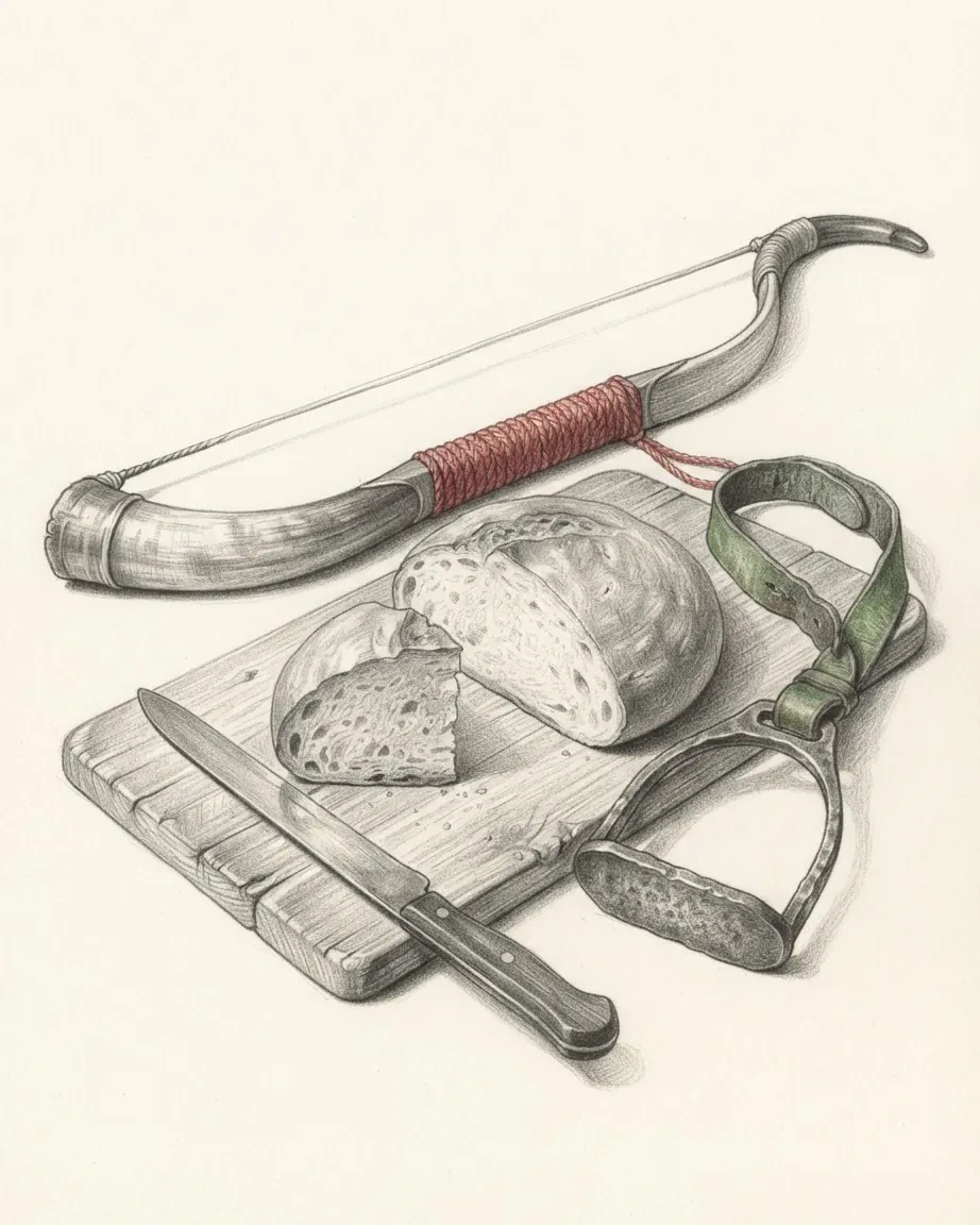 A graphite still life: a horn bow bound in red cord, a round loaf cut on a board, a knife and an iron stirrup on a green strap.