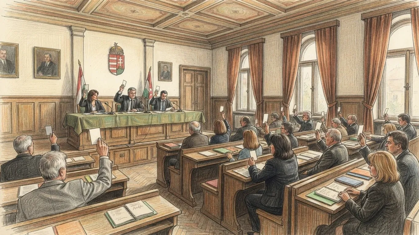 A coloured pencil drawing of a council chamber with wood panelling, members at their desks raising cards to vote before a green-covered table.