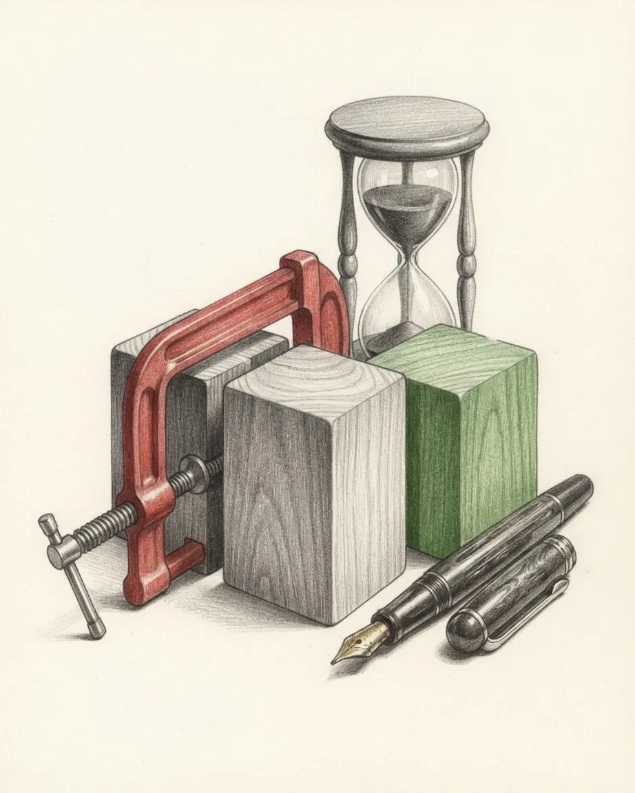 A graphite still life: a red clamp holding a grey wooden block against a green one, an hourglass behind and a fountain pen in front.