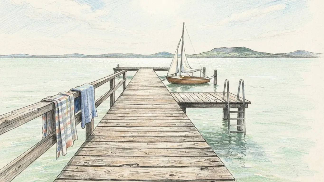 A coloured pencil drawing of a wooden jetty on Lake Balaton with towels on the rail, a small sailing boat moored and hills across the water.