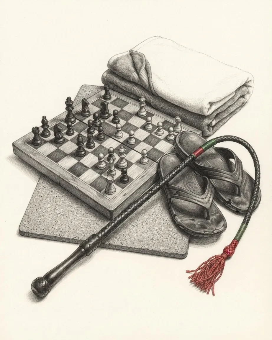A graphite still life: a chessboard mid-game on a cork mat, a folded towel, a pair of sandals and a braided whip with a red and green handle and a red tassel.