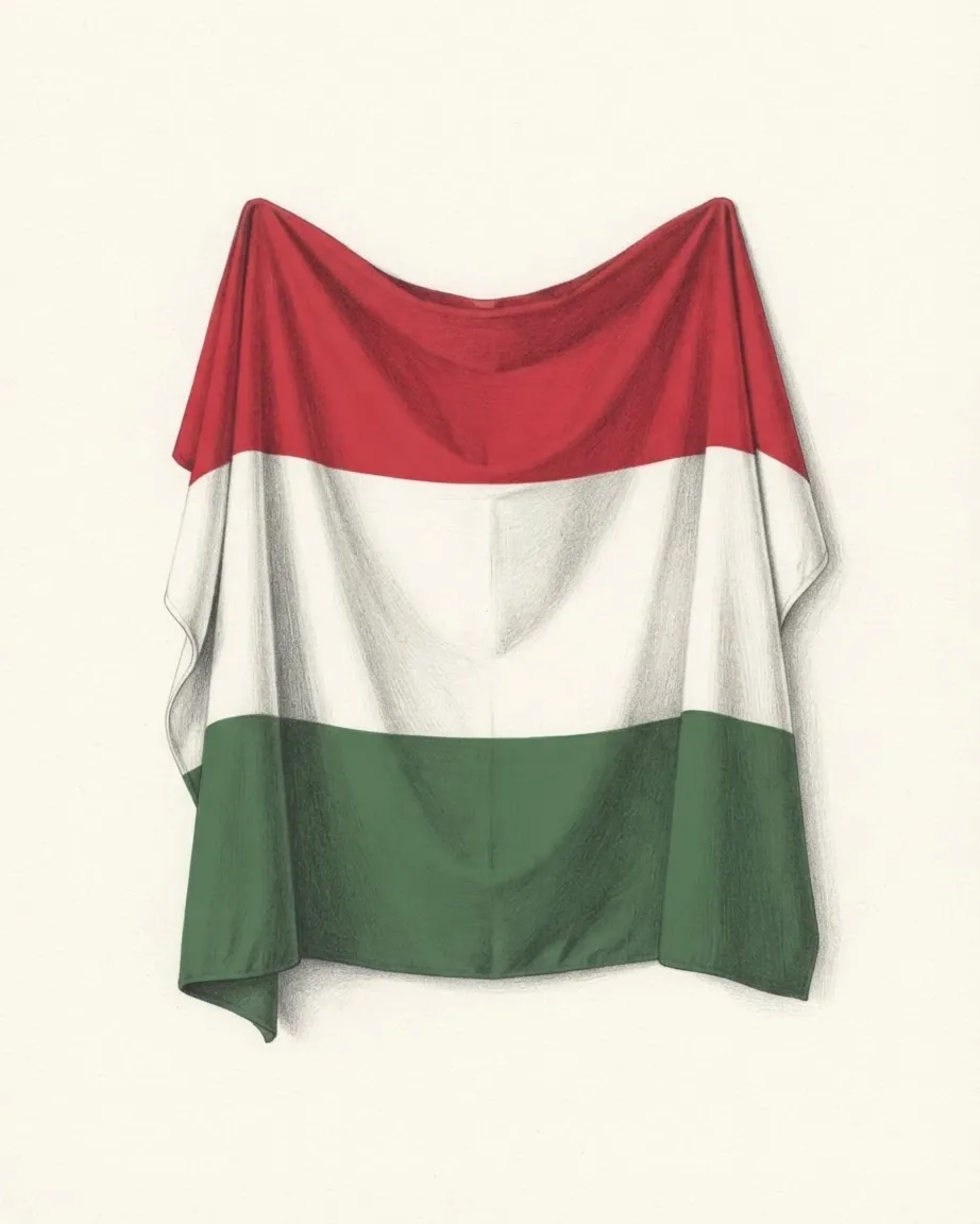 The flag of Hungary drawn as a hanging cloth in graphite and coloured pencil, its red, white and green bands falling in soft folds.