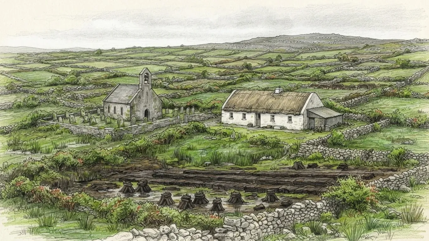 A coloured pencil drawing of small stone-walled fields in the west of Ireland: a grey stone church with a bellcote and a graveyard, a whitewashed thatched farmhouse, and a cut-over bog with turf stacked to dry in the foreground.