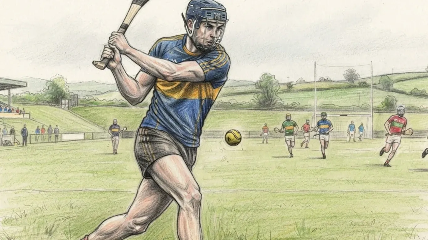 A coloured pencil drawing of a hurler in a blue and gold jersey and helmet drawing back his hurley to strike the sliotar on a green pitch, other players and goalposts behind him and rolling fields beyond.