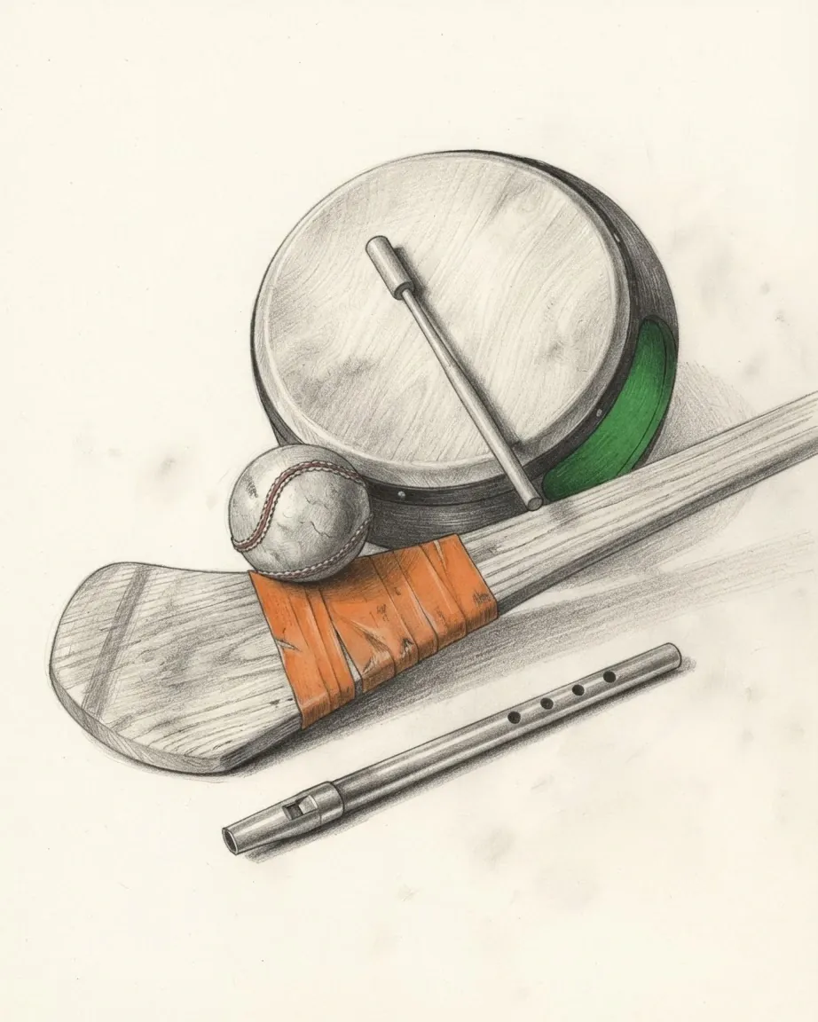 A graphite still life: a bodhrán frame drum with its beater, a hurley with an orange-taped bas and a sliotar resting on it, and a tin whistle.