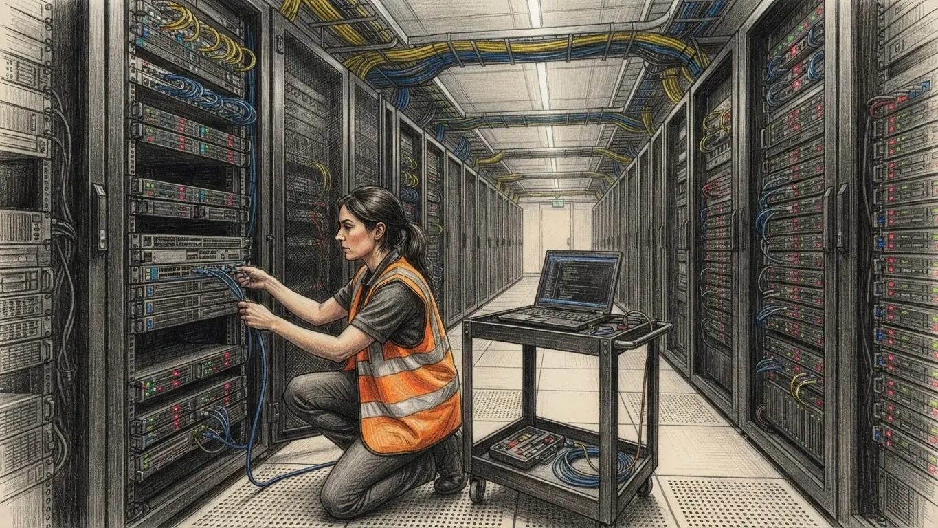 A coloured pencil drawing of a technician in an orange high-visibility vest kneeling at an open server rack in a long data hall, patching blue cables, a laptop on a trolley beside her and cable trays overhead.