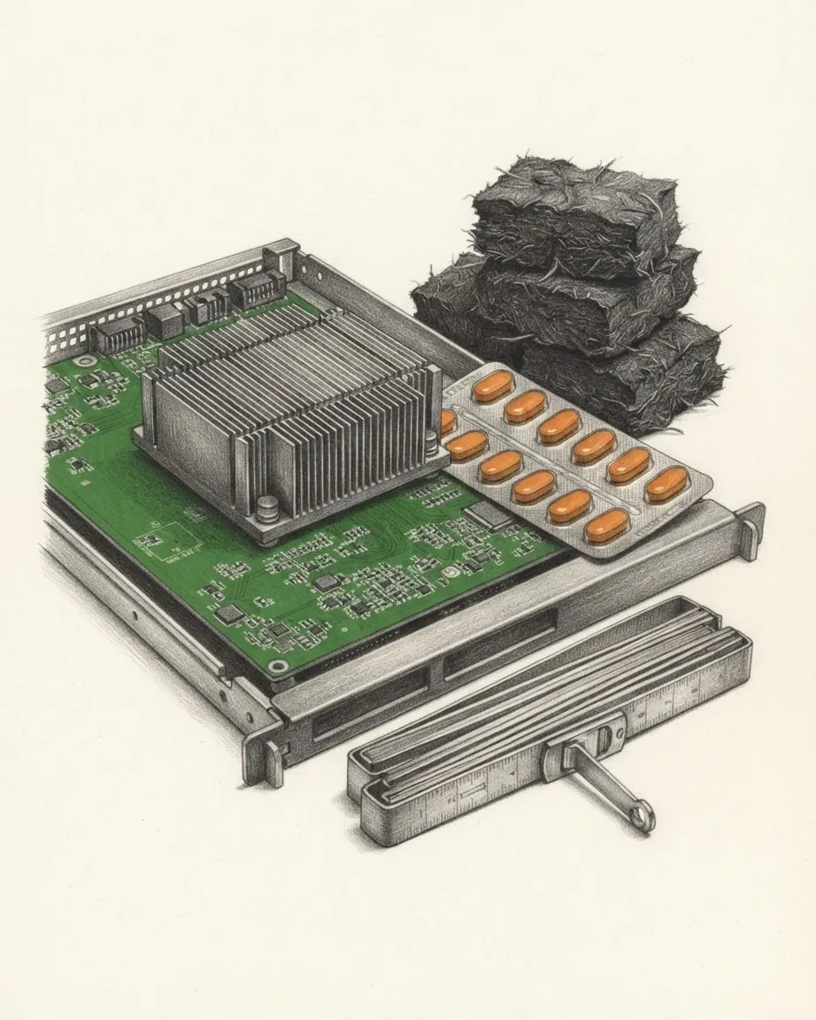 A graphite still life: a server board with a green circuit and a finned heat sink, a blister strip of orange tablets, a stack of dark peat sods and a steel measuring rule.