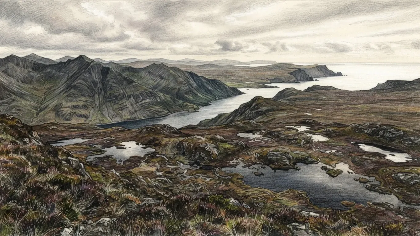 A coloured pencil drawing of an Irish upland seen from a heather slope: dark bog pools in the foreground, steep green mountains falling to a long sea inlet, and headlands fading towards the Atlantic under grey cloud.