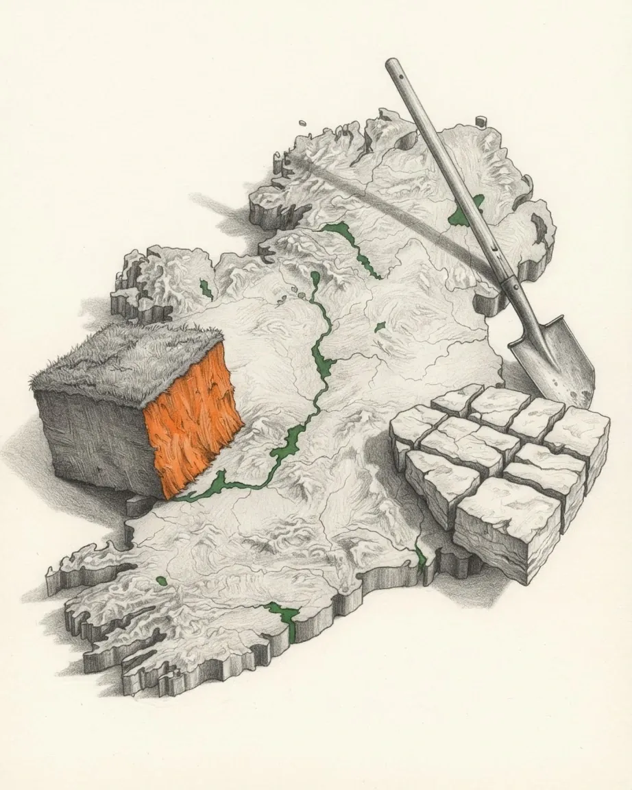 A graphite still life: a cast relief model of Ireland with its rivers traced in green, a block of peat with an orange cut face, a stack of cut limestone blocks and a spade laid across the model.