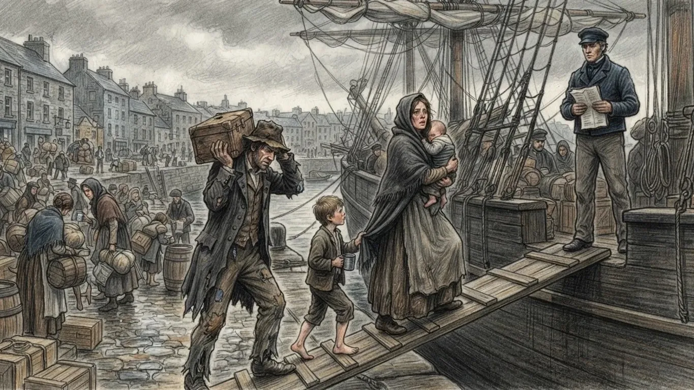 A coloured pencil drawing of a wet quay in 1847, a ragged father carrying a wooden trunk up a gangplank followed by a barefoot boy and a mother in a shawl holding a baby, a ship's mate with a list at the top and crowds with bundles and barrels along the harbour behind.