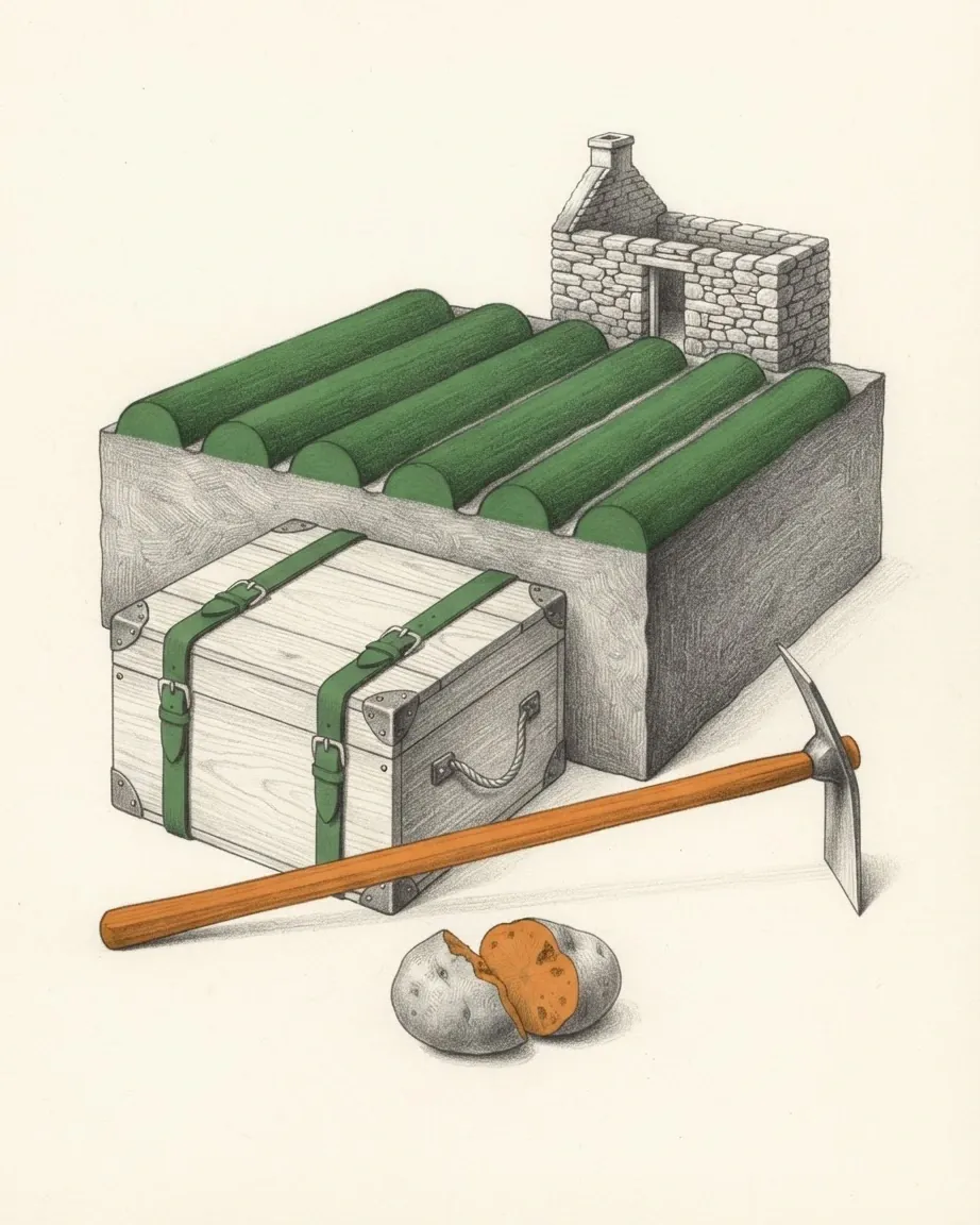 A graphite still life: a stone block topped with green potato ridges, the roofless shell of a small stone cottage behind it, a strapped wooden trunk, a pickaxe with an orange handle and a split potato.