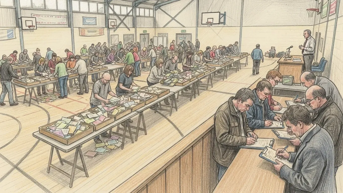 A coloured pencil drawing of an election count in a sports hall: counters sorting paper ballots from trays along trestle tables, tally-keepers with clipboards writing at a barrier, and a returning officer at a lectern.