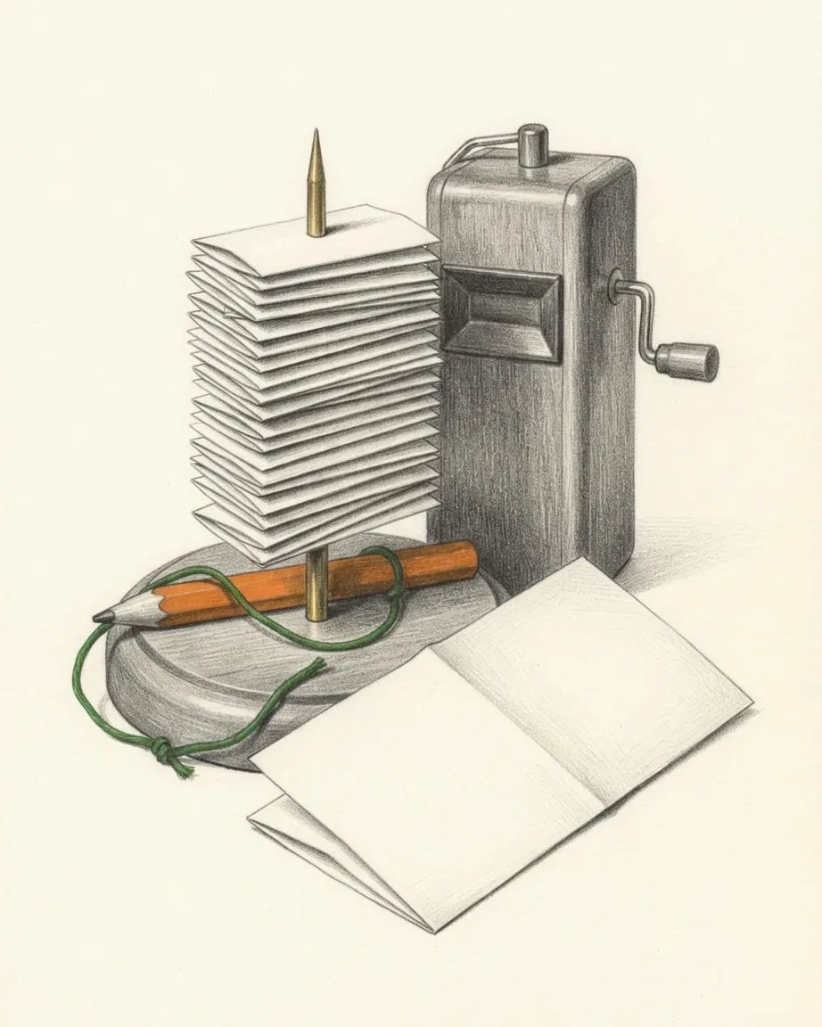 A graphite still life: a spike file stacked with folded paper ballots, a hand-cranked tally counter, an orange pencil tied on green string and a folded blank ballot.