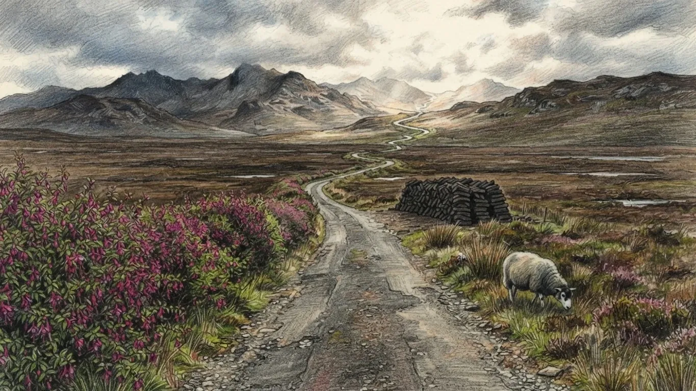 A coloured pencil drawing of a narrow bog road winding across brown moorland towards dark mountains, fuchsia in flower along one verge, a stack of drying turf and a sheep grazing beside the road.
