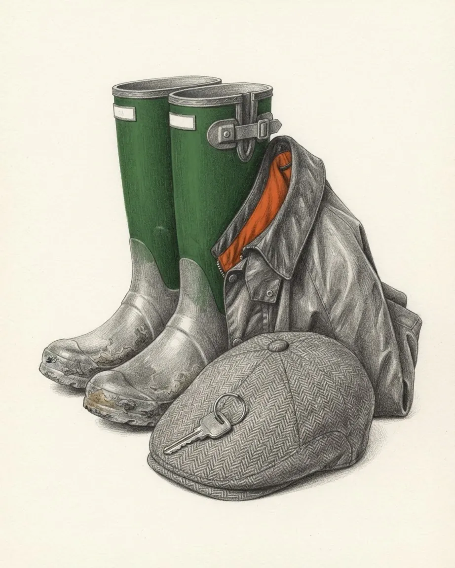 A graphite still life: a pair of green wellington boots with mud dried on them, a waxed rain jacket folded against them with an orange lining at the collar, and a tweed flat cap with a car key lying on it.