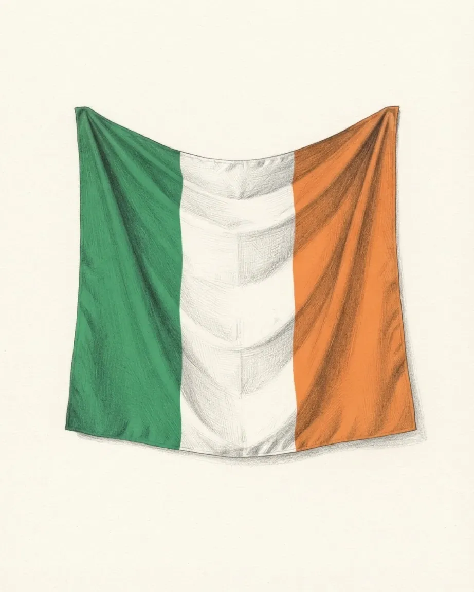 The flag of Ireland drawn as a woven cloth hanging in soft folds from its two top corners, three vertical bands of green, white and orange.