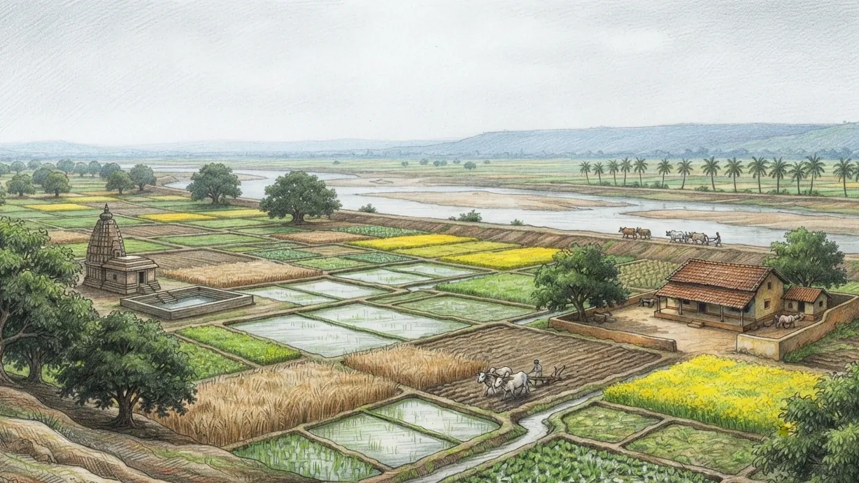 An Indian river plain seen from a slope, drawn in coloured pencil over graphite. Small bunded plots run down to a broad slow river with pale sand banks: flooded rice fields hold the reflected sky, standing wheat stands dry gold beside them, and two plots of mustard are in full yellow flower. Low earth banks and narrow irrigation channels divide the ground instead of fences. A pair of white bullocks draws a plough across a worked field in the foreground, and a second pair is led along a raised bund beside the water. Mango and banyan trees stand singly at the field edges with deep shade under them, and a line of palms runs along the far bank. On the left a small stone temple with a tiered tower stands beside a stepped water tank; on the right a village house with ochre-washed walls and a roof of curved terracotta tiles sits behind a low wall with cattle in its yard. A wooded ridge closes the horizon under a hazy sky.