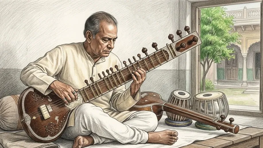 A sitar player mid-phrase, drawn in coloured pencil over graphite, seated cross-legged and off centre on a low platform spread with a white cotton sheet. The round gourd of the instrument rests by his left foot and the long fretted neck crosses the picture, his right hand at the strings and his left pulling a string sideways across a curved brass fret, his head tipped down towards the hand. He wears a plain cream kurta and pyjama, worn soft, and his feet are bare. A tanpura lies on its side behind him with a pair of tabla in their cloth rings, a bolster against the distempered wall, and an open doorway onto a courtyard where one green tree stands.