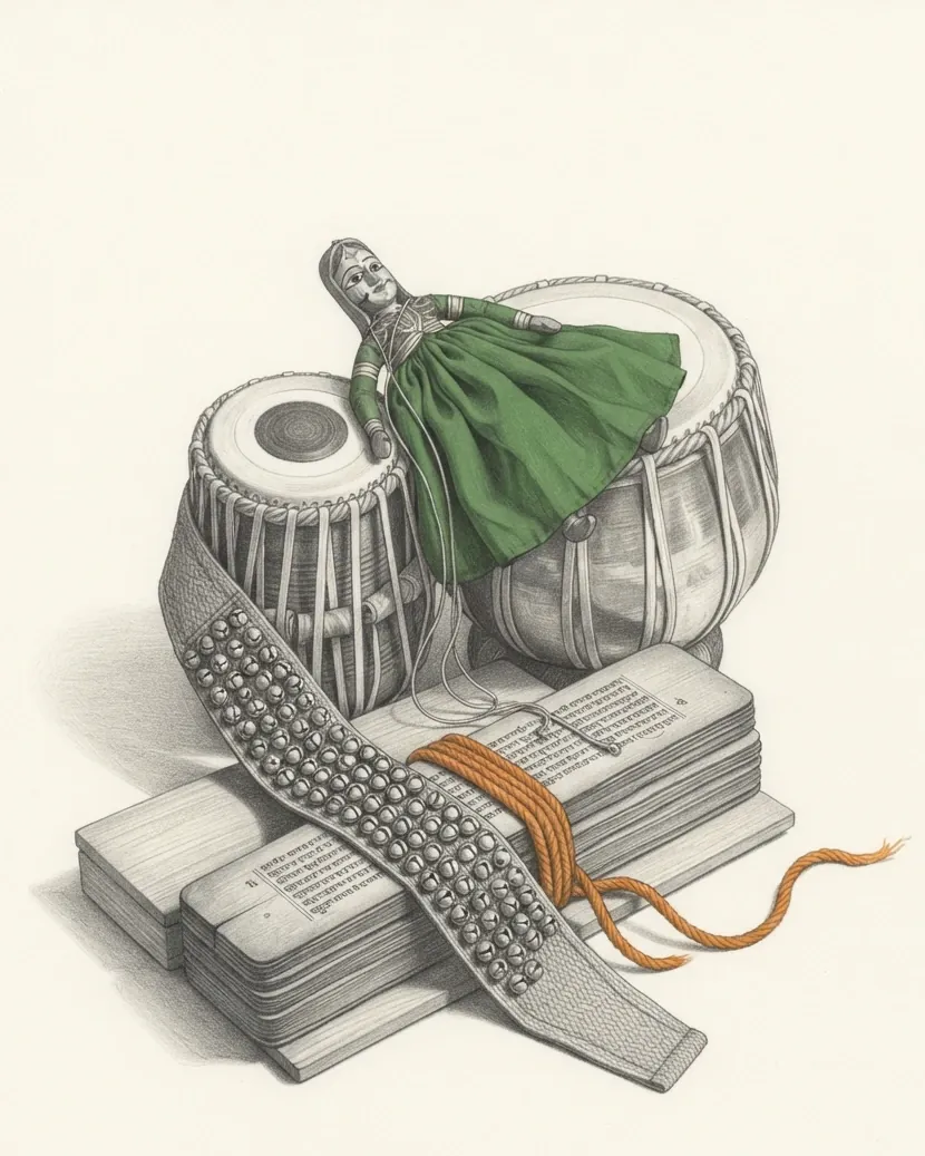 A graphite still life on warm white paper. A stack of loose palm-leaf manuscript folios lies between two plain wooden boards, its leaves ruled with close lines of script and the whole bundle wrapped round the middle by a thick cord in saffron orange whose frayed end trails away to the right. A broad woven strap of dancer's ankle bells lies diagonally across the stack, the small round bells stitched in two dense rows along its length. A pair of tabla drums stands behind, the narrower wooden drum beside the wider metal one, each head carrying a dark circular tuning patch and a lattice of leather lacing down the body. A carved wooden puppet lies across the two drum heads with its strings slack, its painted face turned up and its wide gathered skirt the one other colour in the frame, a solid green.