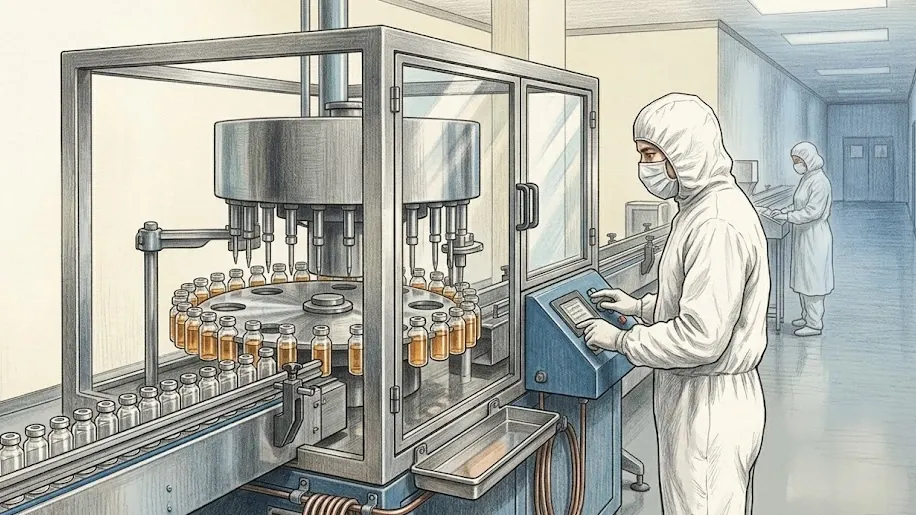 A vaccine filling line drawn in coloured pencil over graphite, seen at close range from beside the machine. A stainless rotary filler stands behind its closed glass guard, small clear vials swinging round the star wheel beneath a ring of filling needles, each one holding a pale amber dose. Empty vials feed in along the track from the left and full ones run out at the discharge end. An operator in a white coverall, hood and mask stands at the near side with gloved hands flat on the control panel outside the closed guard, watching the vials through the glass. A second gowned figure works further down the line in a pale corridor beyond.