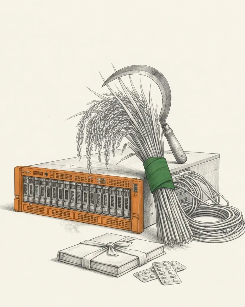 A graphite still life on warm white paper. A rack-mounted server chassis lies on its side at the centre, its front face a full row of drive bays with latches and ventilation slots, painted solid saffron orange. A heavy loom of patch cables coils out of the back of it and rests on the ground. Leaning against the chassis is a bound sheaf of cut paddy with the ears heavy and drooping, tied round the middle by a broad cloth band in solid green, and an iron sickle with a worn wooden handle is hooked over the top of the sheaf. In front, a ledger book sits wrapped and knotted shut in cloth, with two pressed blister strips of tablets beside it, the foil dimpled over every tablet.