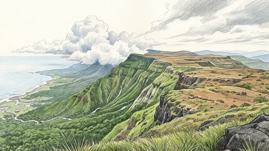 A mountain wall seen from a bare grassy shoulder above its crest, drawn in coloured pencil over graphite. The seaward face falls away in a continuous green escarpment cut by narrow watercourses, dropping through forest to a coastal plain where creeks wind out to a pale blue sea on the left. Monsoon cloud is piled white against the crest and spills over it. To the right the ground behind the crest runs back in dry brown steps of flat-topped lava, scattered with scrub and bare rock. Coarse tussock grass and broken boulders fill the foreground. Nothing built appears anywhere in the picture.