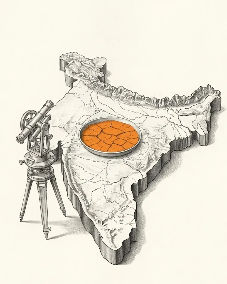 A graphite still life on warm white paper. A cast relief model of India stands with real thickness and a cut vertical edge, a high mountain arc modelled along its whole northern rim, a broad flat trough below it and a raised tableland filling the south with a ridge down each flank, all lit from the upper left. A shallow open dish rests on the trough, filled with dried alluvial silt cracked into plates, its whole surface solid saffron and the only colour in the frame. A theodolite on a short tripod stands beside the model, drawn as grey metal.