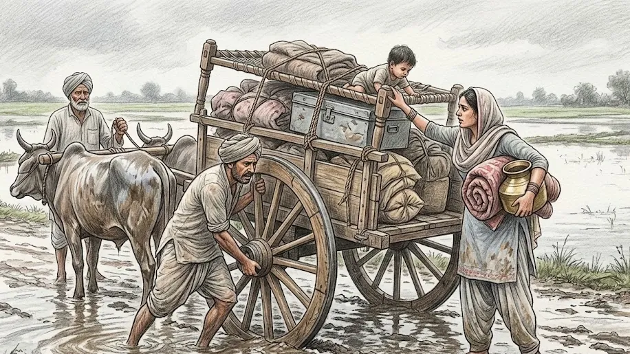 A bullock cart halted in flood water on an earth road, drawn in coloured pencil over graphite. A man in a dhoti and loosely wound turban has stepped down into the water and heaves at the near wheel with his shoulder against the spokes. A woman in a cotton salwar-kameez with her dupatta drawn over her head holds a rolled quilt and a brass water pot against her hip and reaches back with her free hand towards a small child sitting on the load. An older man stands at the bullocks' heads with the rope short in his fist, waiting for the wheel to lift. The household is stacked on the cart behind them: bedding, a tin trunk and a frame lashed across the top. Flooded fields run flat to a line of trees under the low grey light of a morning after rain, with mud up the legs of the bullocks.
