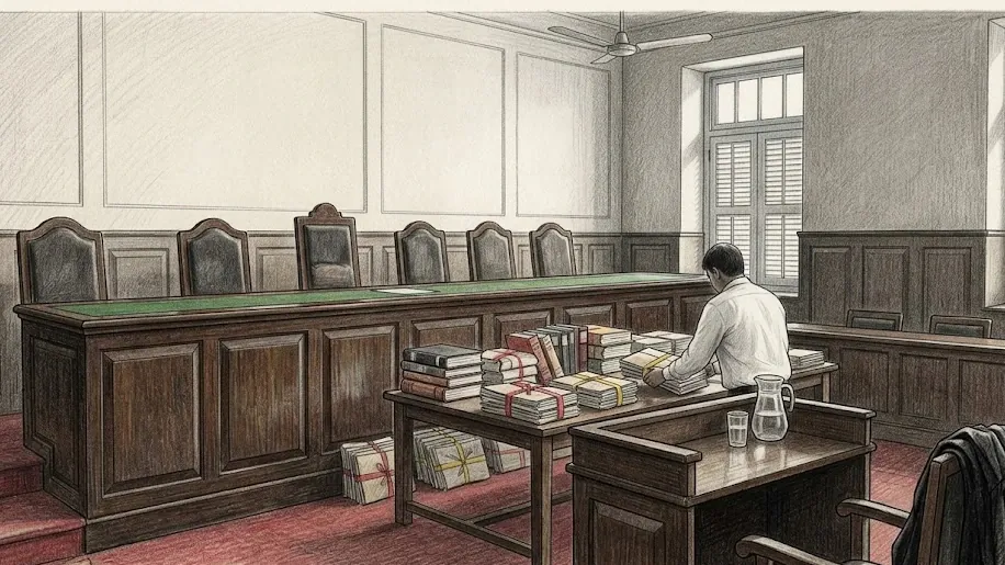 A courtroom drawn in coloured pencil over graphite, empty in the hour before it sits, seen from the well of the room at seated eye level. A long raised bench of dark polished timber runs across the picture with a row of empty high-backed chairs behind it and a worn green baize top. Below it the registrar's table carries stacked bound reports and bundles of papers tied in faded red tape, with more bundles on the floor beneath. One person leans over the table sorting them. In the near foreground stands the advocates' lectern with a black gown folded over the chair beside it and a glass carafe and tumbler on the ledge. A tall shuttered window stands open on the right and a ceiling fan hangs above. The floor is worn red.