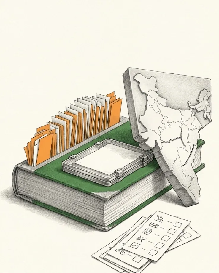 A graphite still life on warm white paper. A thick hand-bound volume lies flat and closed on its back cover, its cloth boards and spine solid green, with a crowded fan of thin amendment slips standing out of the closed page block along one long edge, every slip solid saffron. A small sealed case with clamped metal catches rests on the front board, holding one blank sheet and nothing else. Propped upright against the far side of the volume is a cast relief of a broad wedge-shaped landmass, cut square at its vertical edge with its internal division lines incised into the surface. A stack of small ballot slips lies loose across the foreground, each carrying a short column of simple pictorial symbols beside empty boxes.