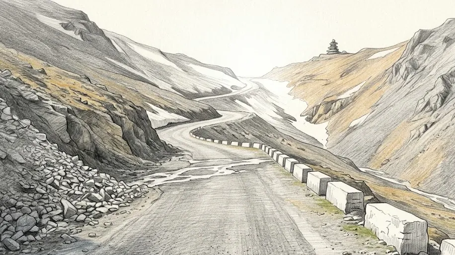 A high mountain road drawn in coloured pencil over graphite, looked along from the last hairpin below a pass. The gritted single carriageway runs out of the bottom of the frame, cut into the slope with a loose shoulder of grey scree on the left and a line of low whitewashed stone kerbs on the right where the ground falls away, and climbs off in visible turns towards the notch of the pass, where the light is white and open. Old snow lies in the shadowed cuts, meltwater crosses the surface in braided channels, and the rock is bare grey and ochre with almost nothing growing on it. A small stacked cairn stands on the ridge above the road.