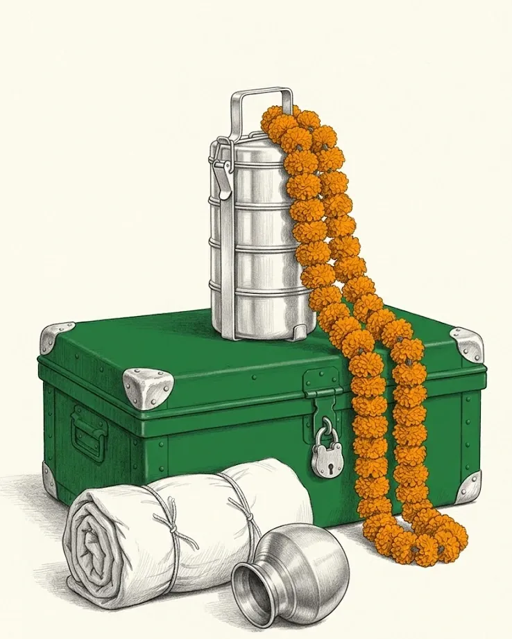 A graphite still life on warm white paper. A metal travelling trunk lies closed at the centre, its body and lid painted solid green with bare metal corner plates, rivets, side handle and a padlock hanging from the hasp, all left as grey metal. A four-tier steel tiffin carrier stands on the lid with its clamp arm raised. A long marigold garland in solid saffron hangs from the tiffin handle, doubles back over the trunk lid and trails down to the ground on the right, every flower head fully coloured. In front of the trunk a bedding roll is bound with cord, and a round-bellied water pot lies tipped on its side beside it, drawn as grey metal rather than gold.