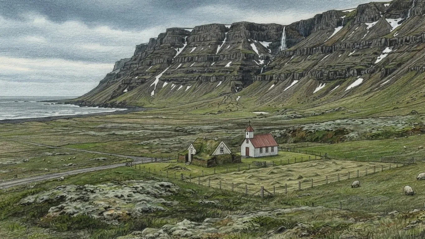 A coloured pencil drawing of an Icelandic coastal plain below a stepped basalt mountainside streaked with snow and a waterfall: a turf-roofed farmhouse and a small white church with a red roof inside a fenced hayfield, sheep grazing loose and a gravel track running to a black shore.