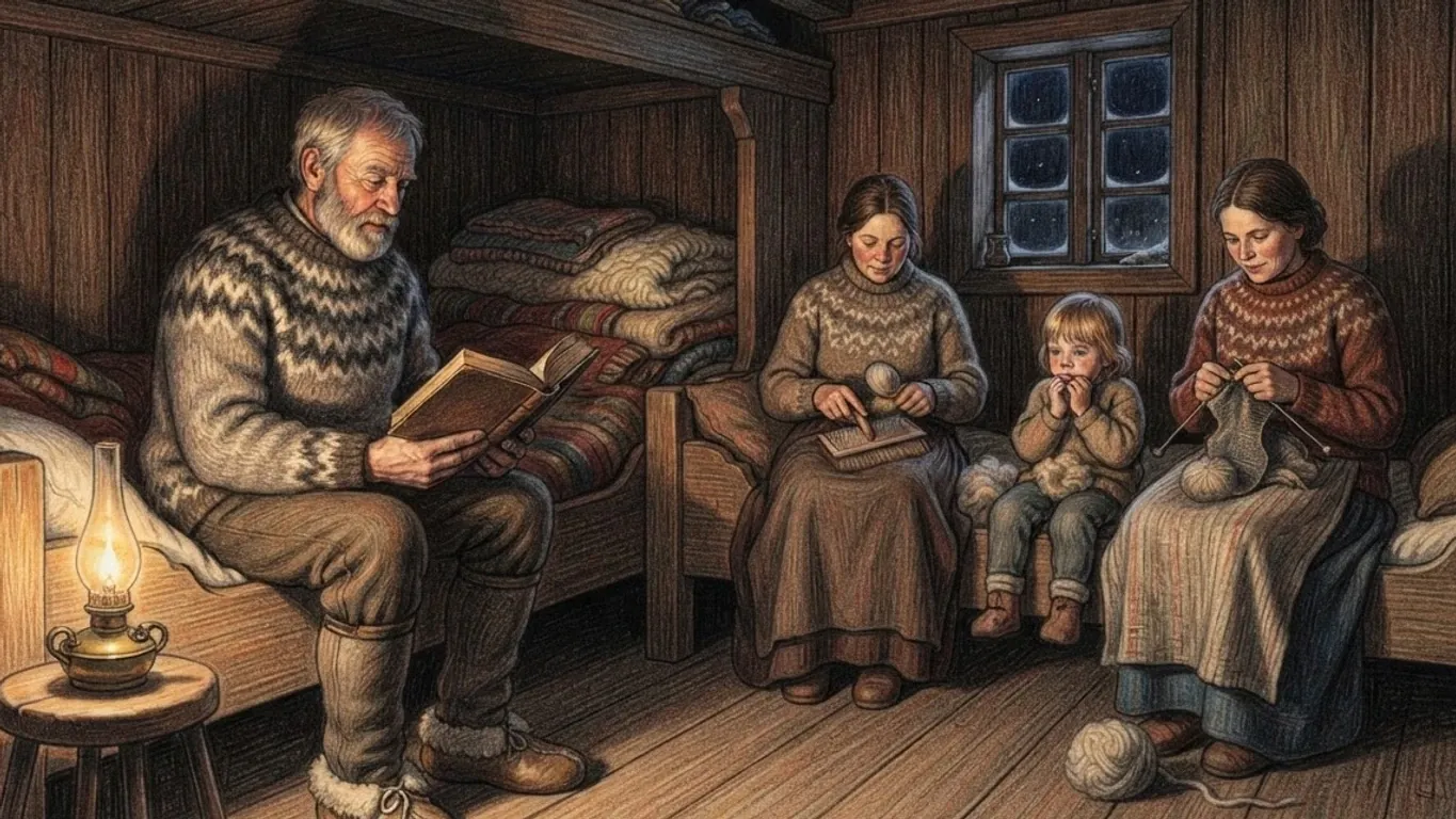 A coloured pencil drawing of an old man in a patterned wool sweater reading aloud from a book by the light of an oil lamp in a timber-panelled room, two women carding and knitting wool on the beds and a child listening between them.