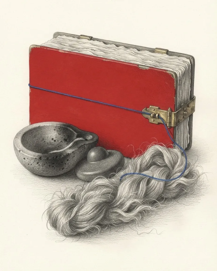 A graphite still life: a closed manuscript book bound in red calfskin with a brass clasp and cockled leaves, a small stone oil lamp, a smooth stone spindle whorl and a hank of unspun fleece with one blue spun thread running across the book.