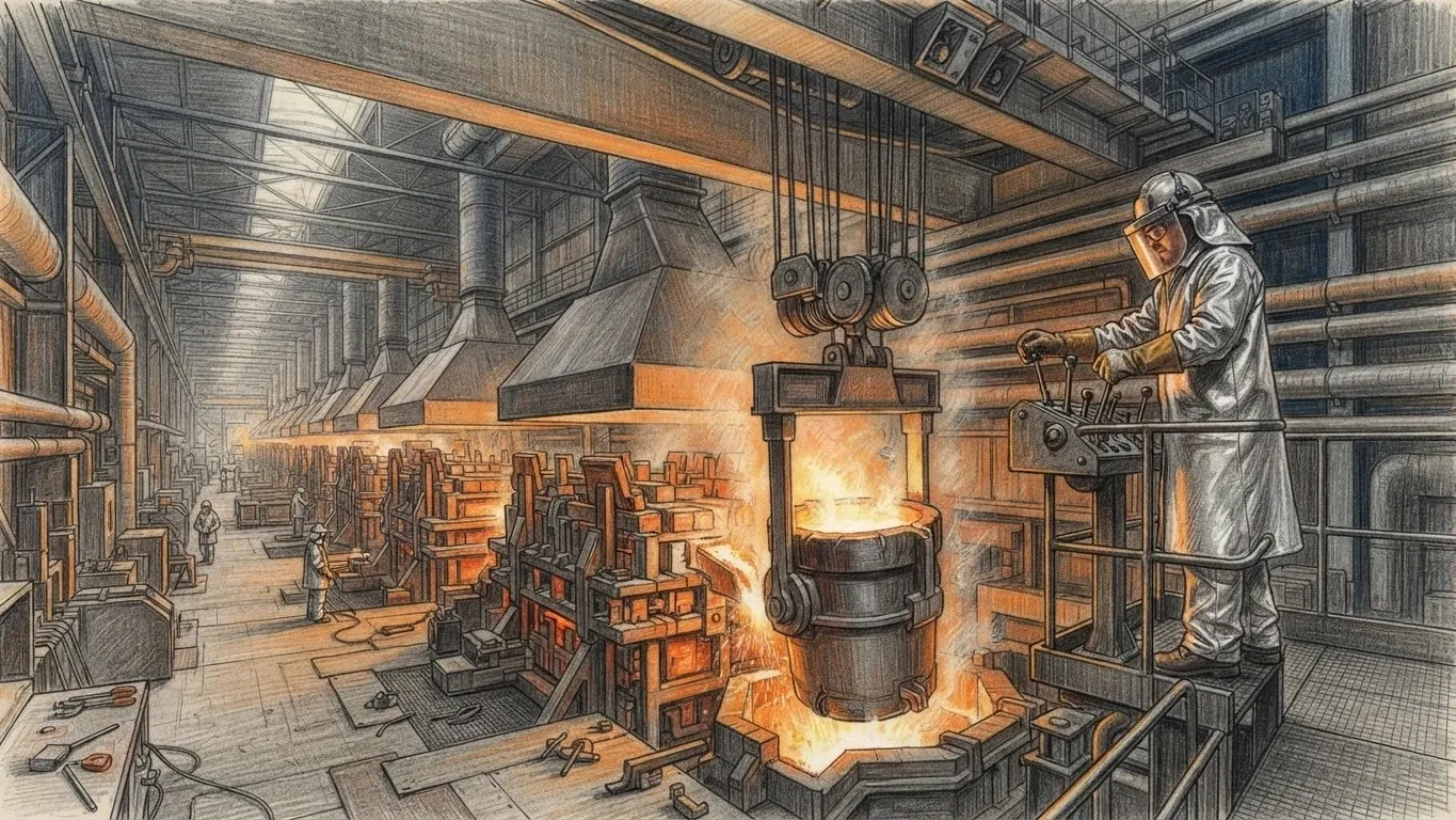 A coloured pencil drawing of a smelter potroom, a worker in a silver heat coat, face shield and gloves at the crane controls lowering a glowing crucible onto a reduction cell, a row of hooded cells running away down the hall.