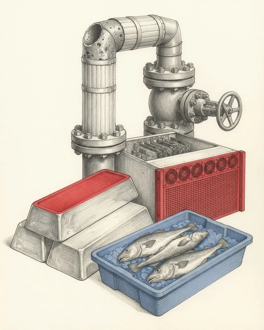 A graphite still life: a geothermal pipe elbow with a valve wheel, a server chassis faced in red, a stack of aluminium ingots with a red top and a blue crate of cod on ice.