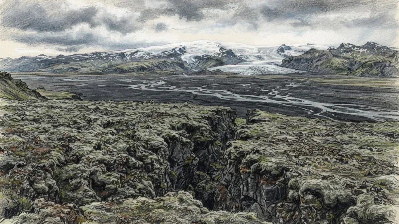 A coloured pencil drawing of a moss-covered lava field split by an open fissure, a black sand plain crossed by braided grey rivers beyond, and an ice cap spilling a glacier down to the plain.