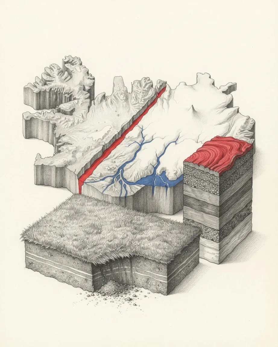A graphite still life: a relief model of Iceland split by a red rift line from south-west to north-east with blue rivers running from its ice, beside a cut block of layered rock topped with red lava and a slab of turf with its soil showing.